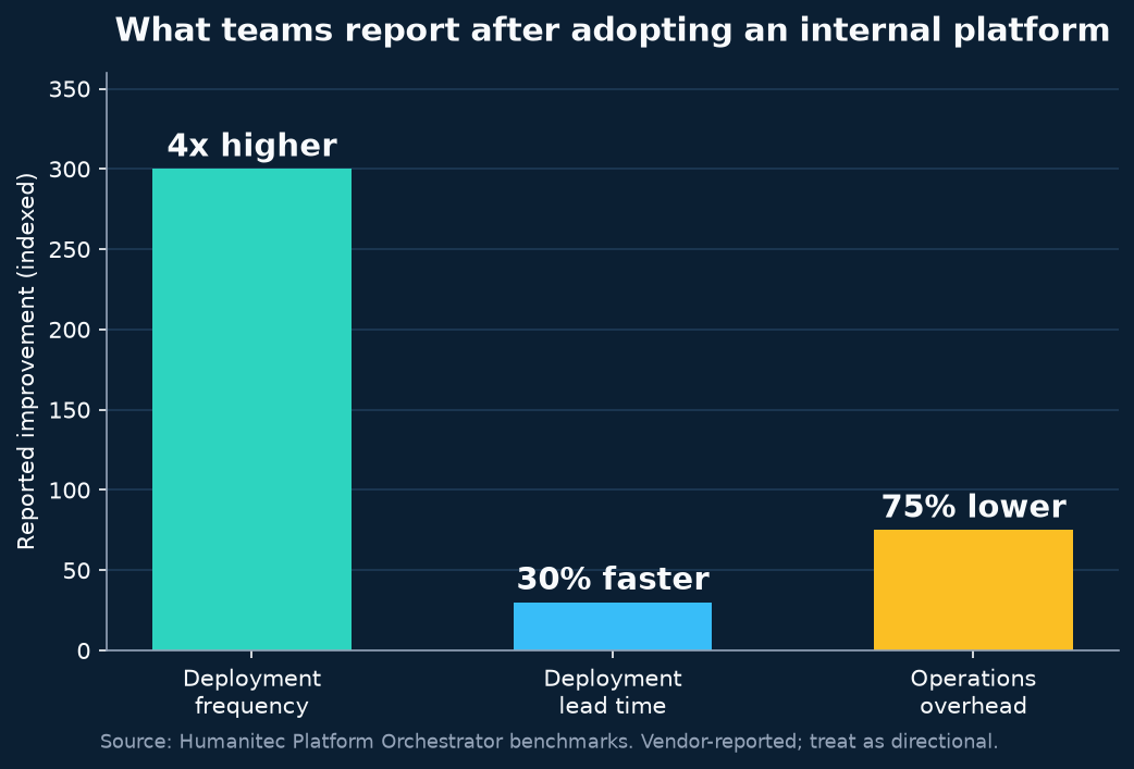 Bar chart: reported IDP outcomes. Deployment frequency 4x higher, lead time 30 percent faster, ops overhead 75 percent lower.